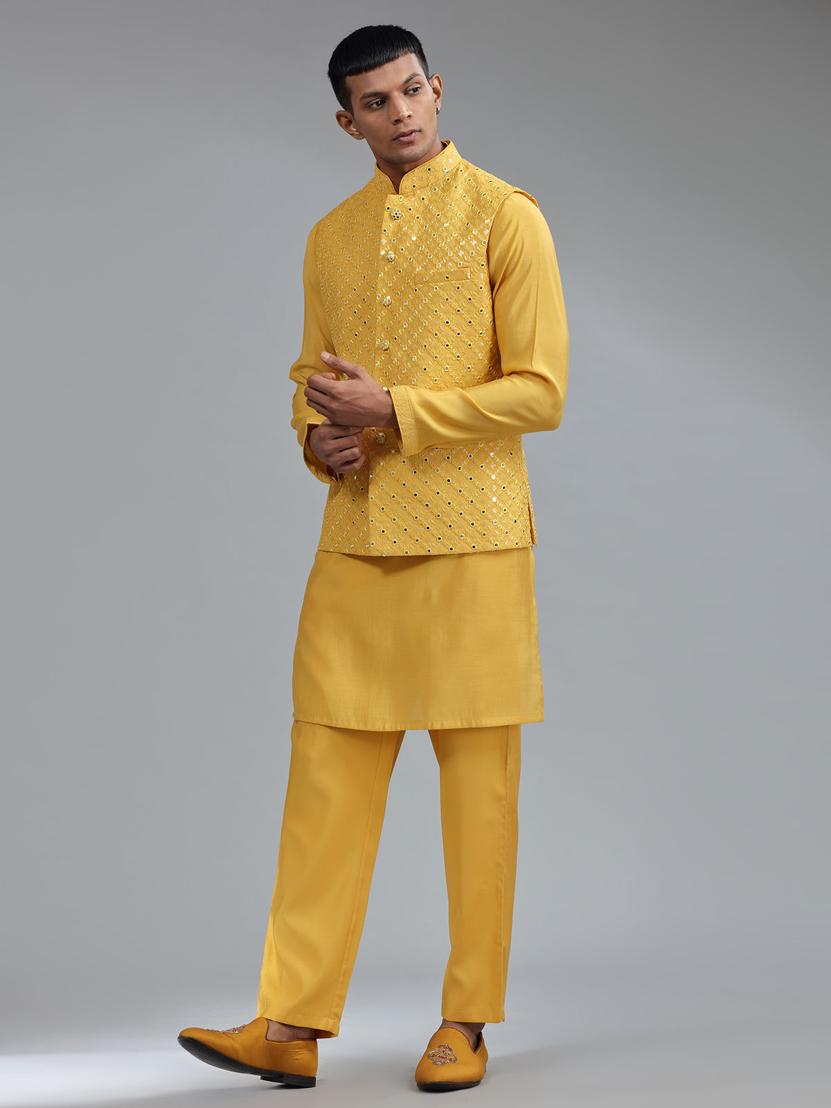 Smashing mustard yellow silk wedding waistcost set