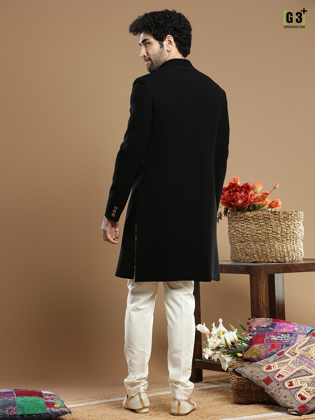 Solid black hued terry rayon indo western for wedding