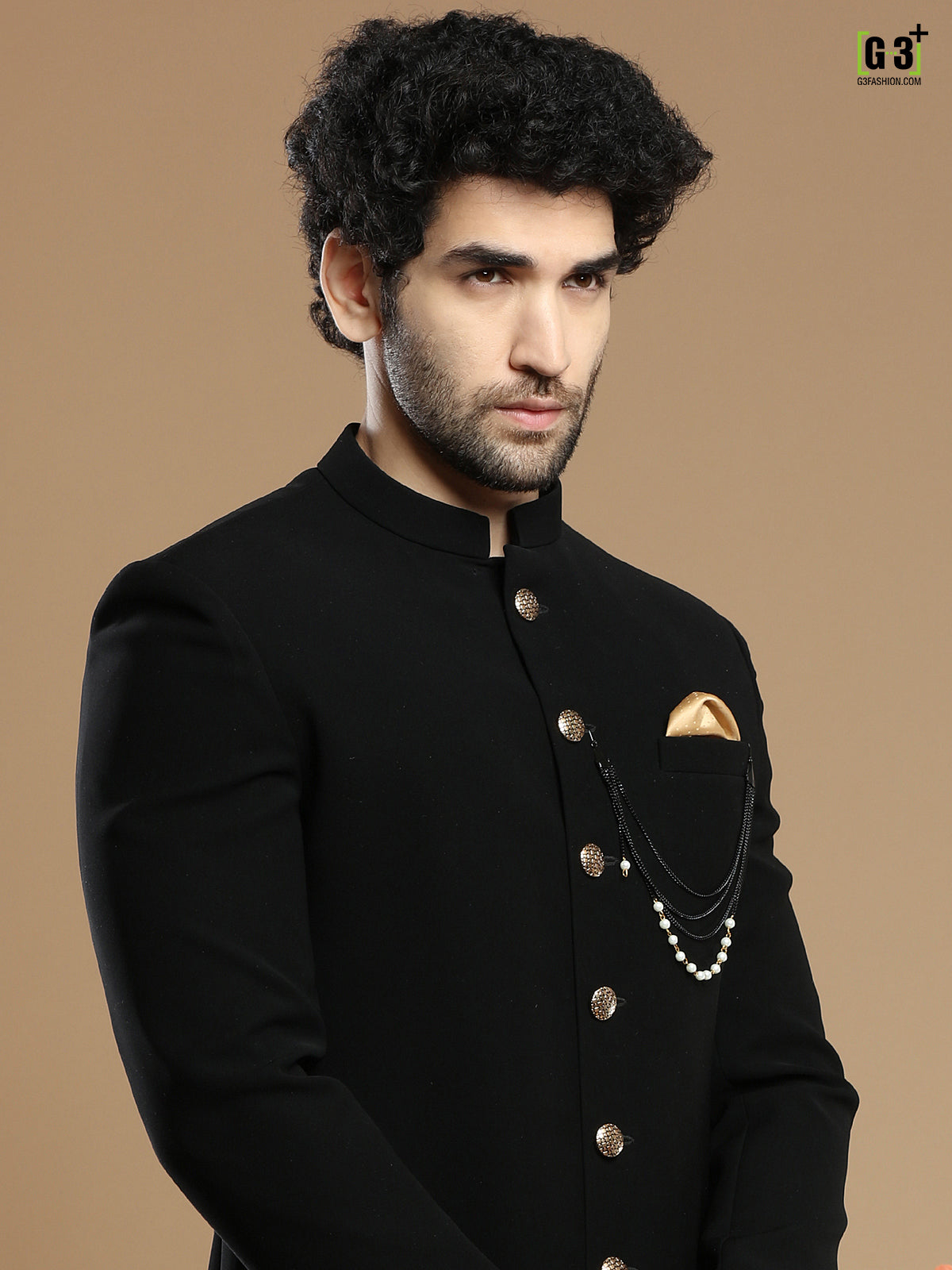 Solid black hued terry rayon indo western for wedding