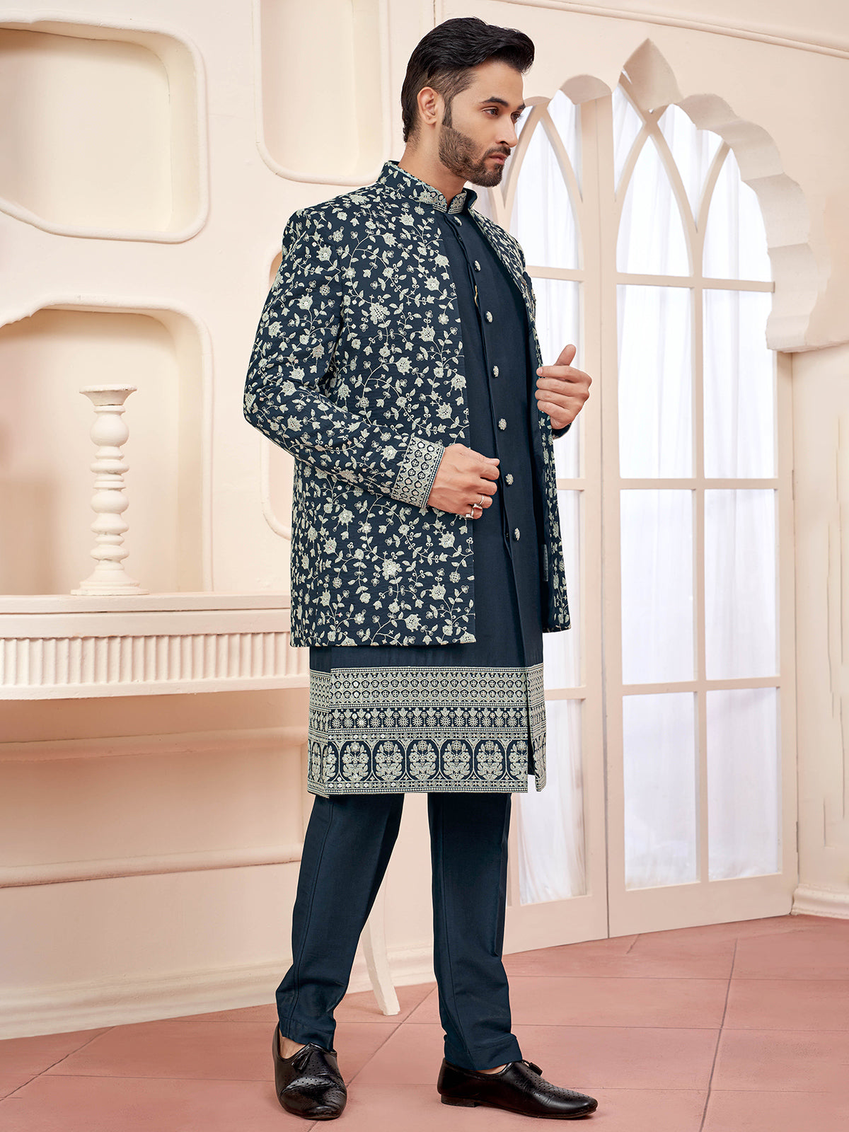 Sophisticated dark grey indowestern for wedding style