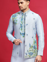 Stone blue silk printed waistcoat set for men