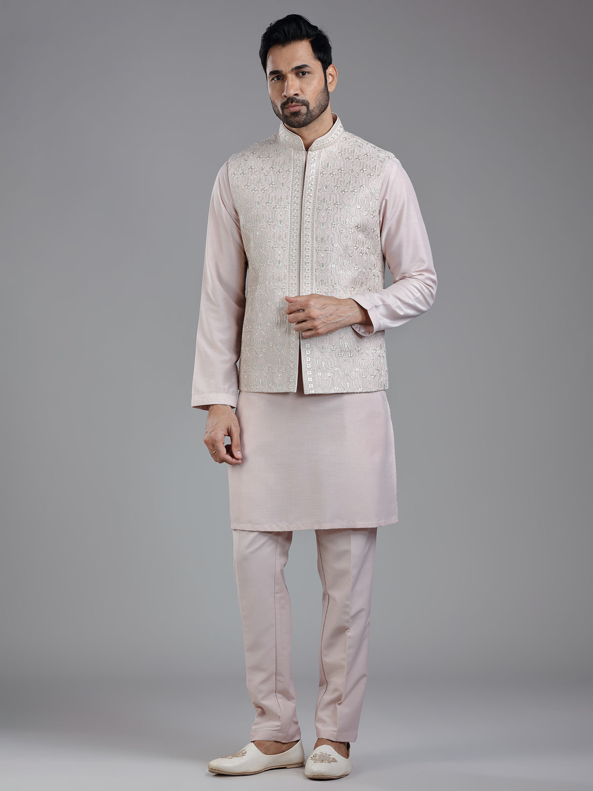 Striking light pink waistcoat set for wedding charm