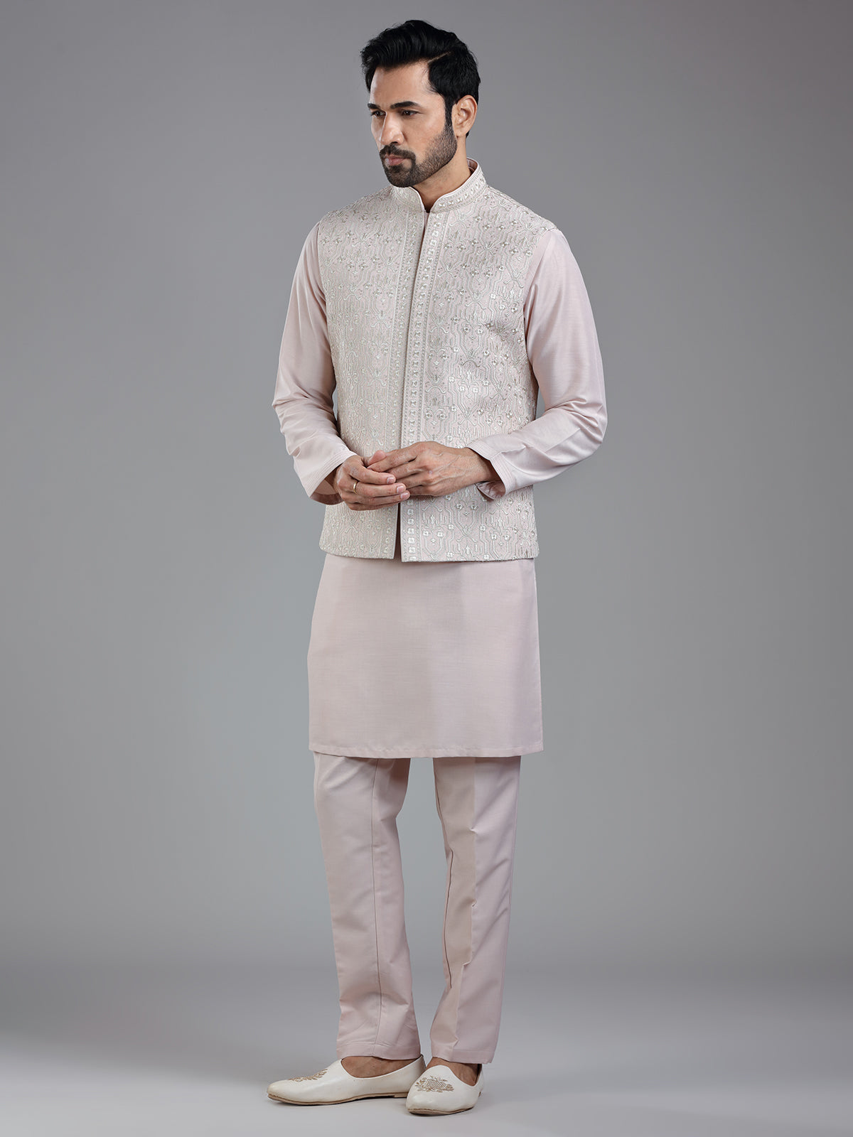 Striking light pink waistcoat set for wedding charm