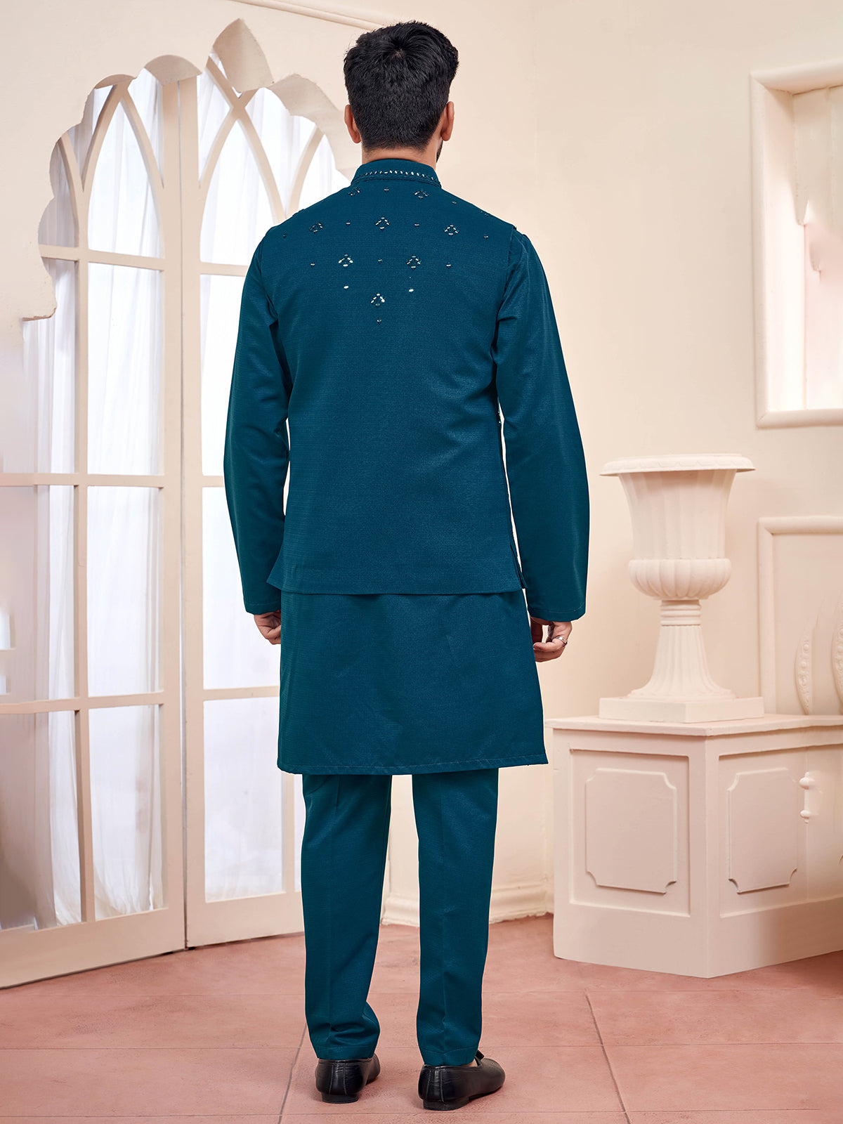 Striking rama blue waistcoat set for men