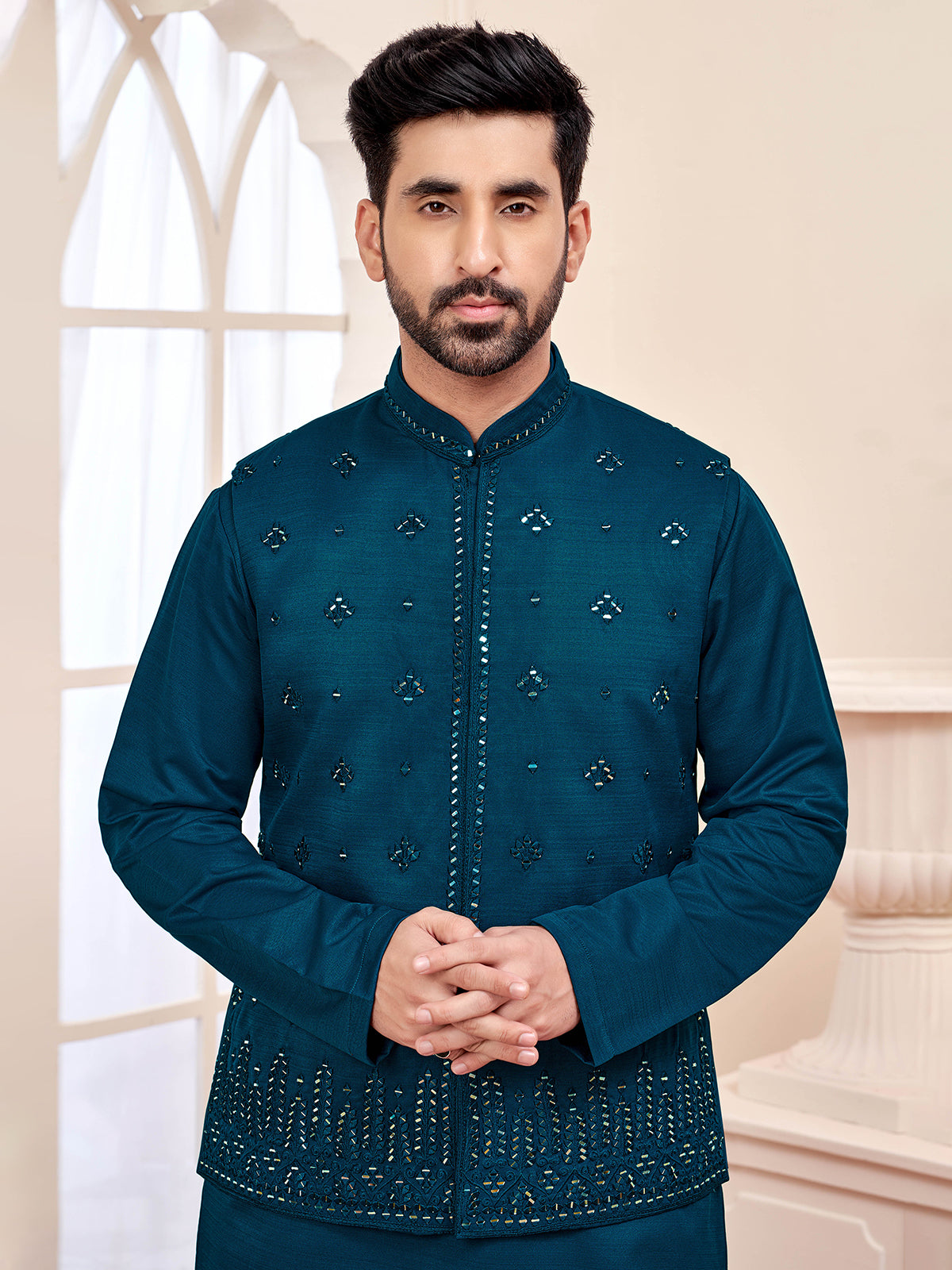 Striking rama blue waistcoat set for men