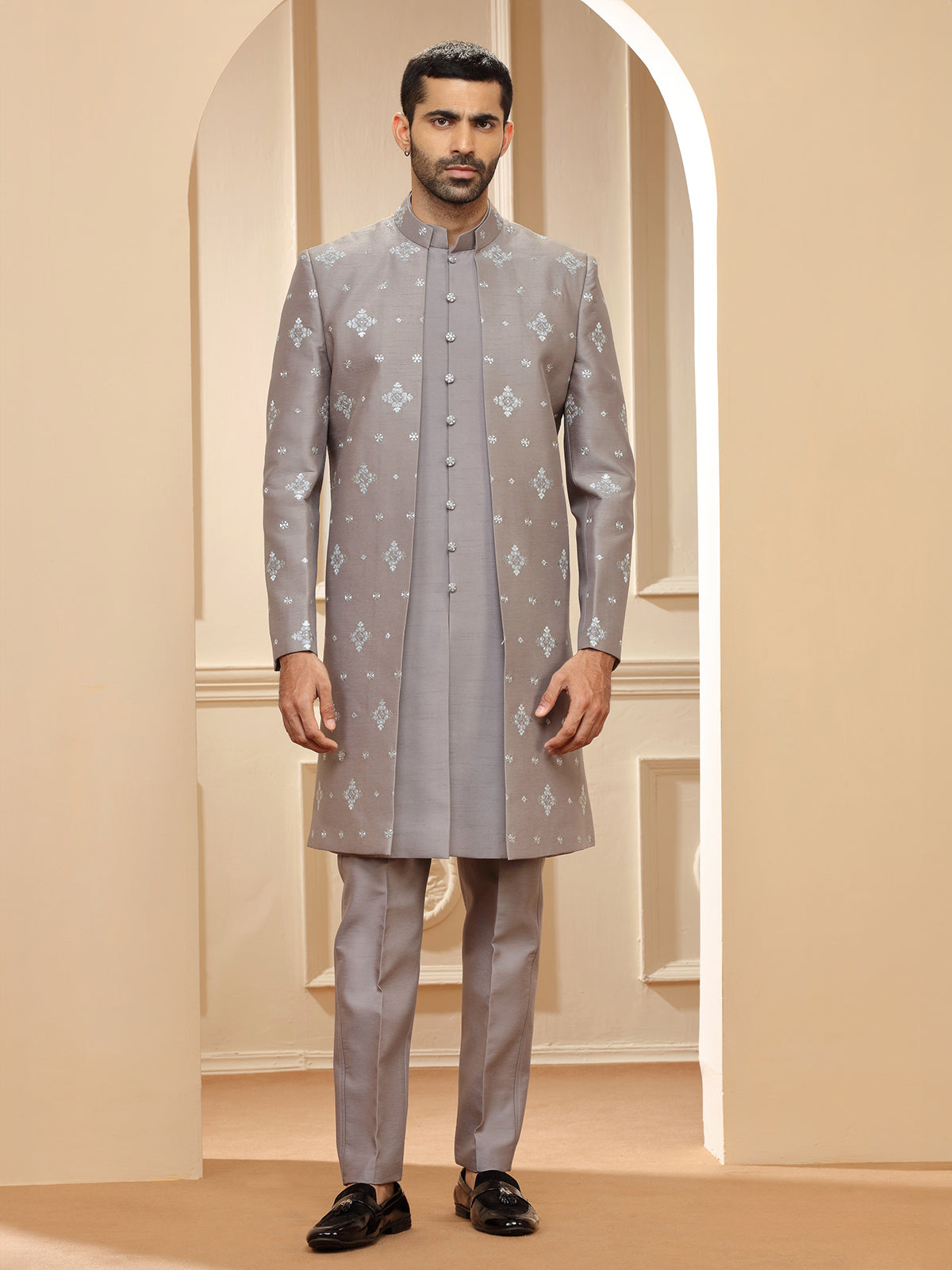 Stunning grey raw silk indowestern