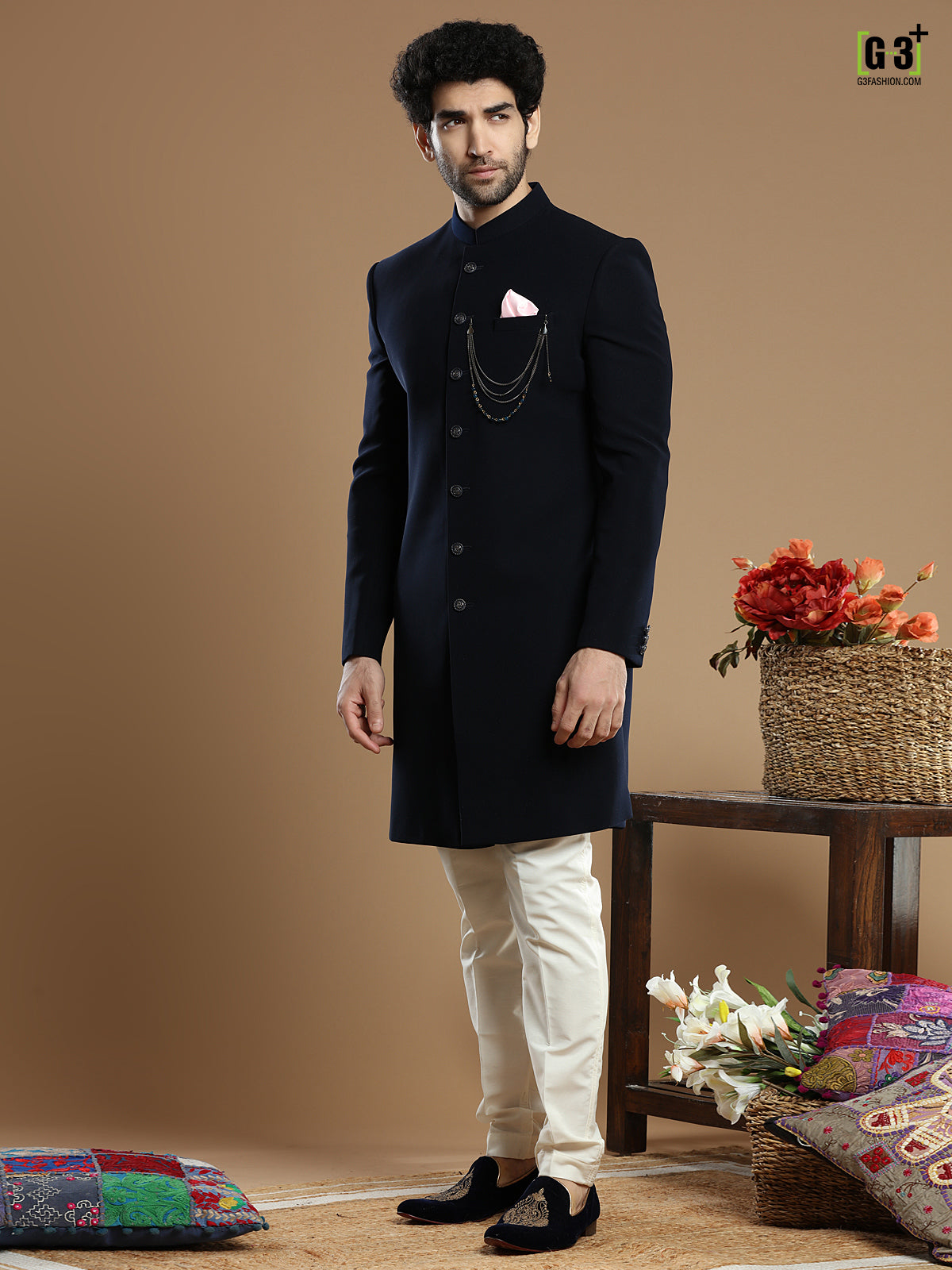 Stunning navy hued terry rayon wedding indo western