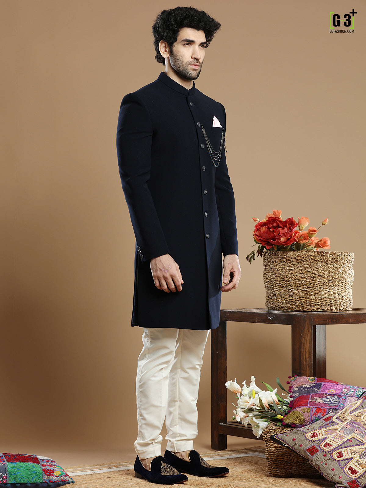 Stunning navy hued terry rayon wedding indo western