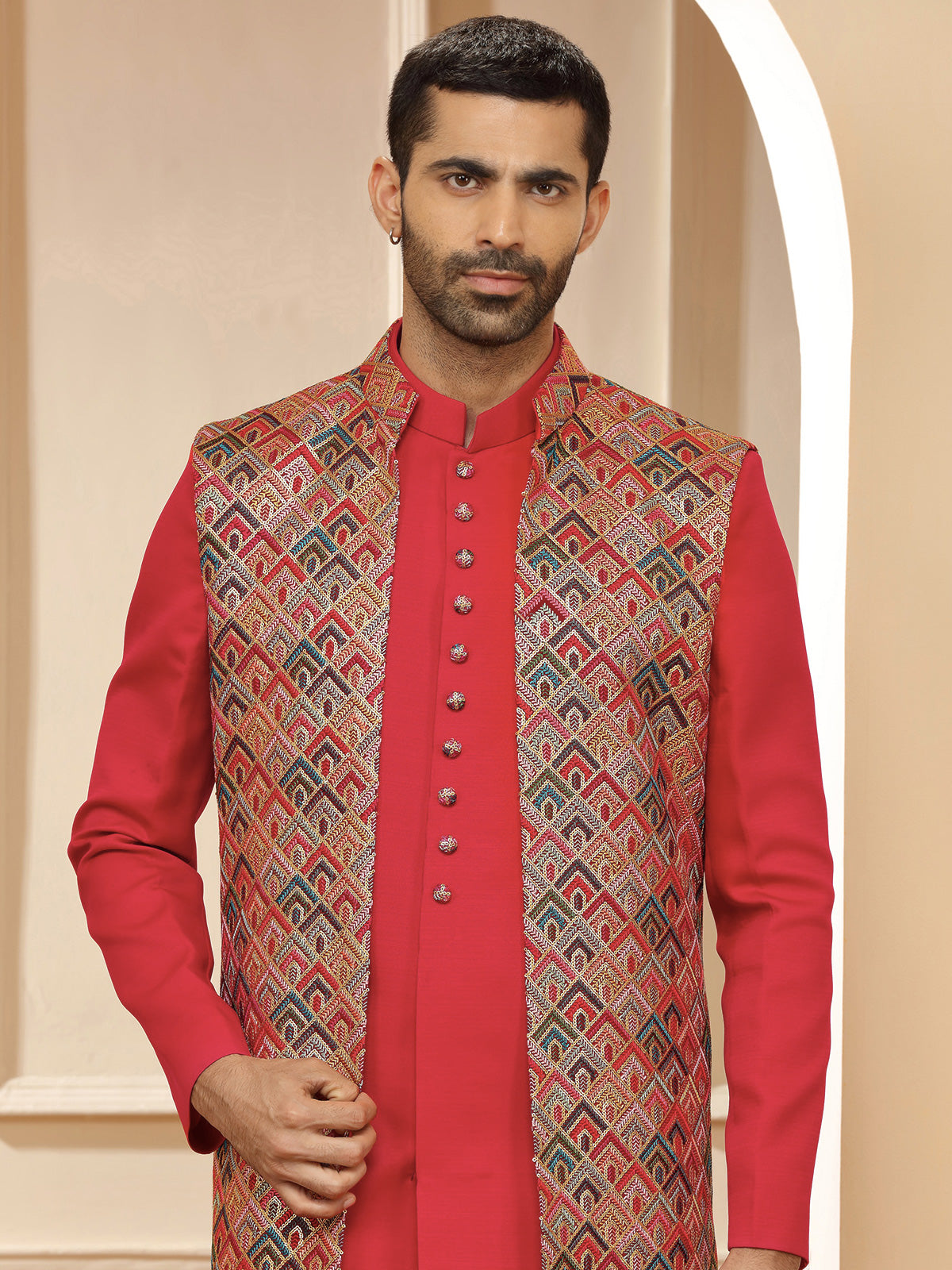 Stunning red terry rayon indowestern