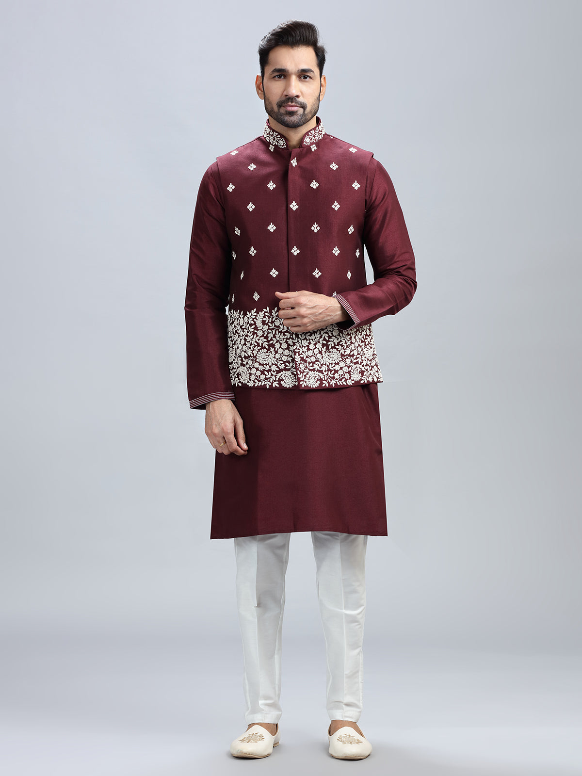 Stuuning wine silk waistcoat set for men