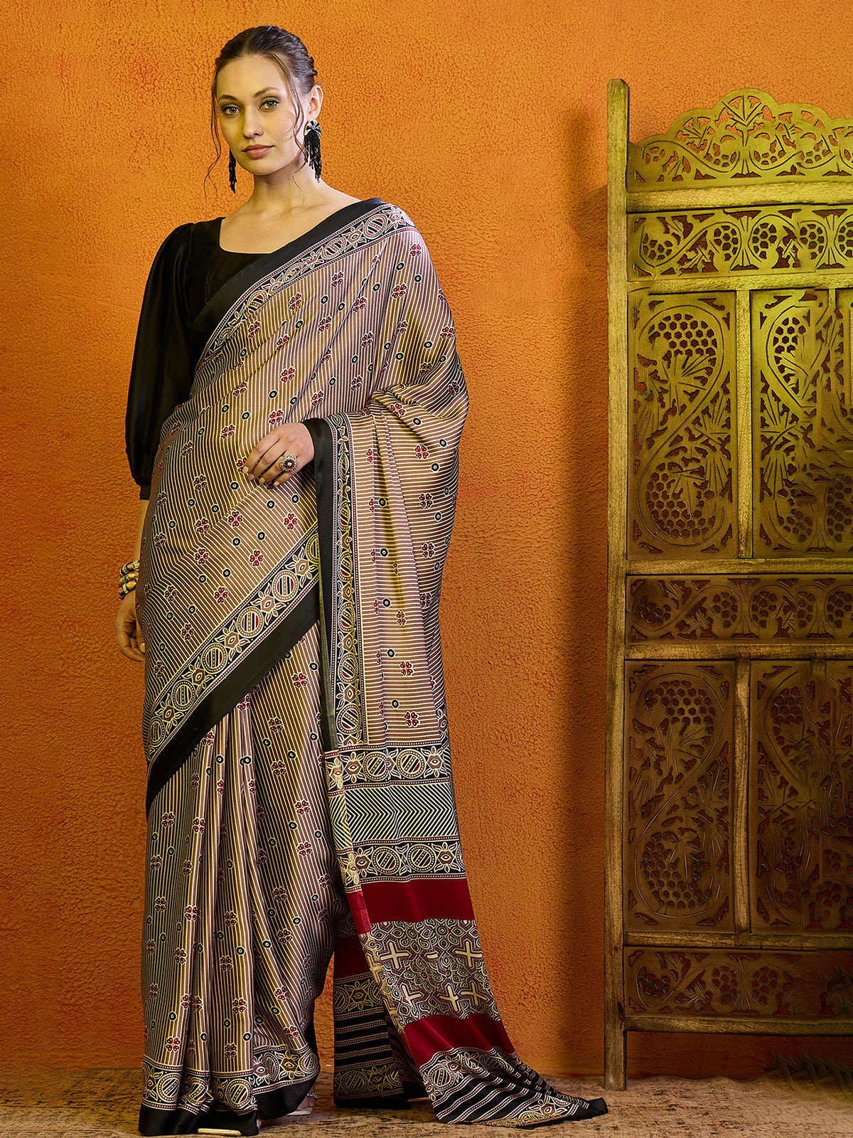 Stylish brown bhagalpuri silk saree with prints