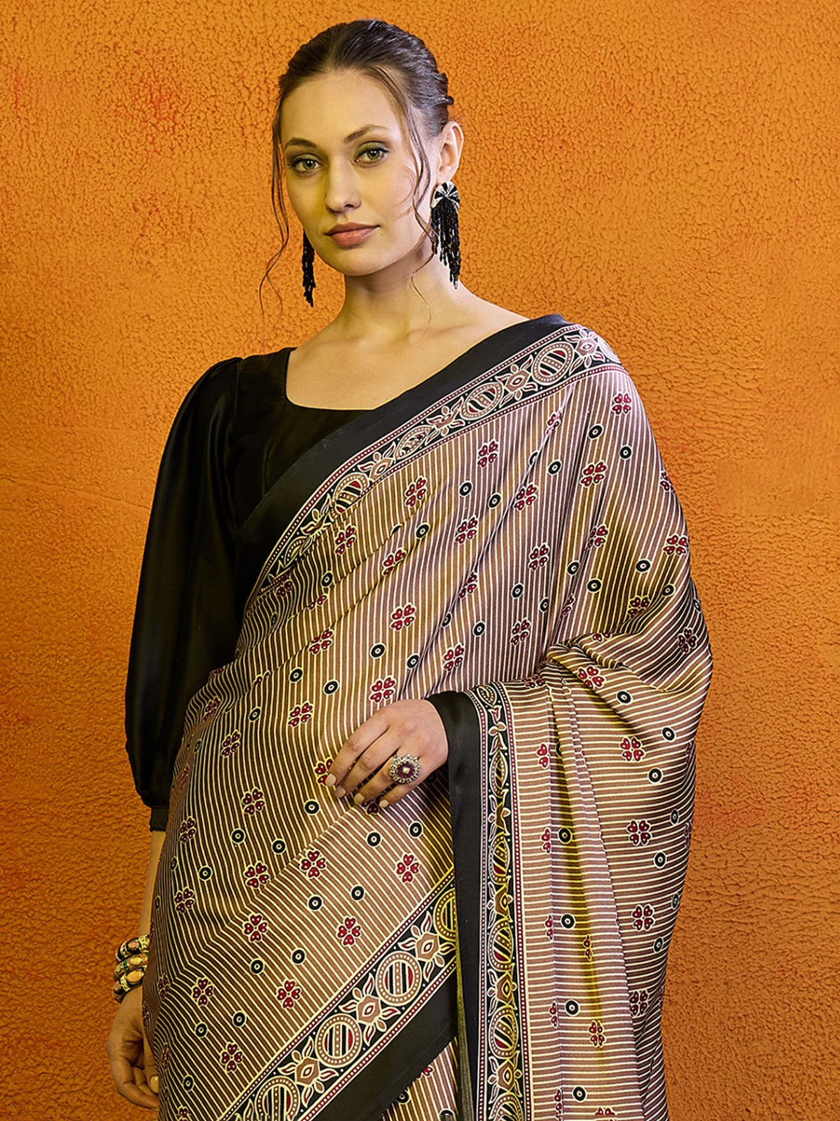 Stylish brown bhagalpuri silk saree with prints