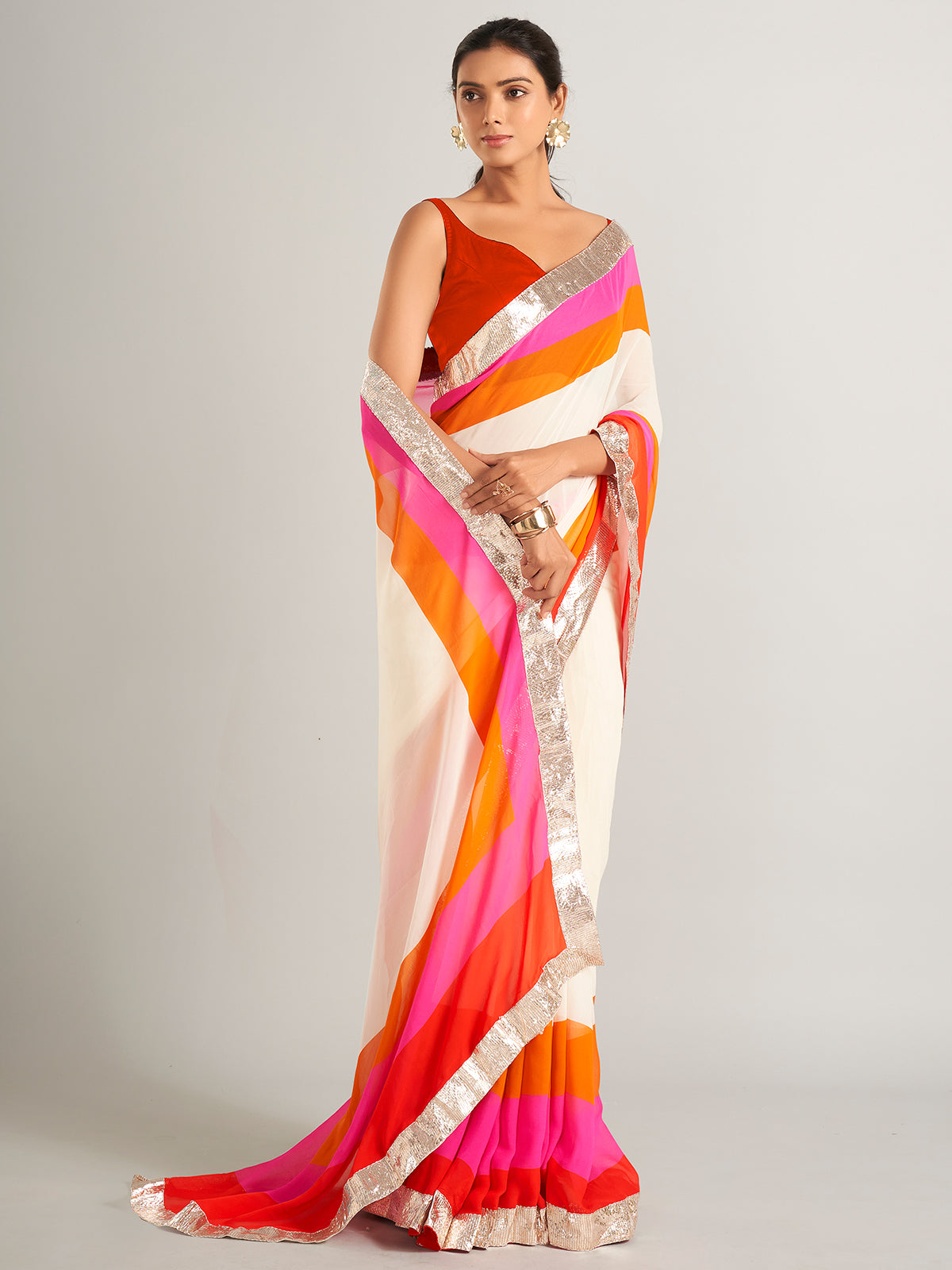 Stylish multicolour georgette saree with stripe