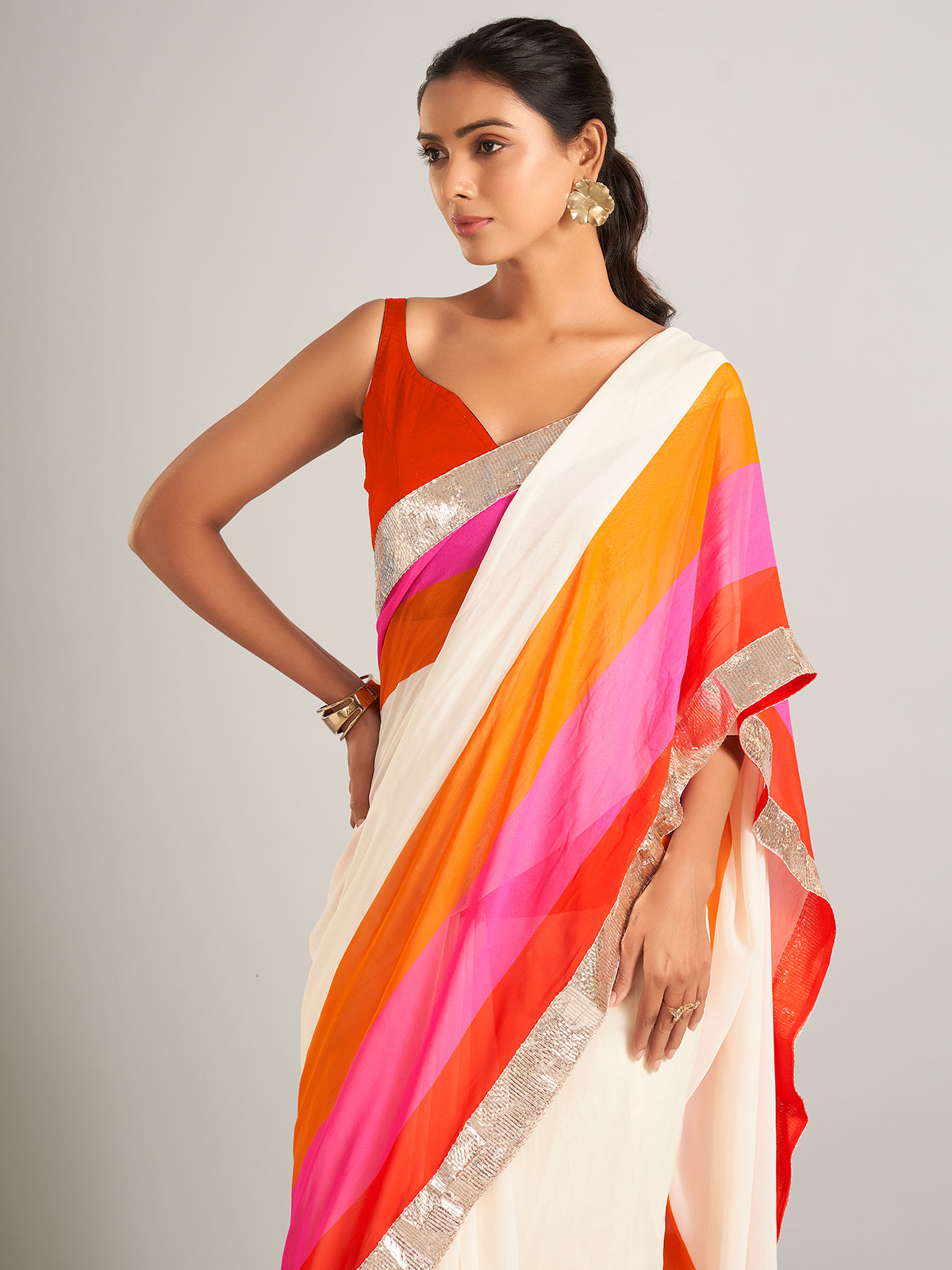 Stylish multicolour georgette saree with stripe