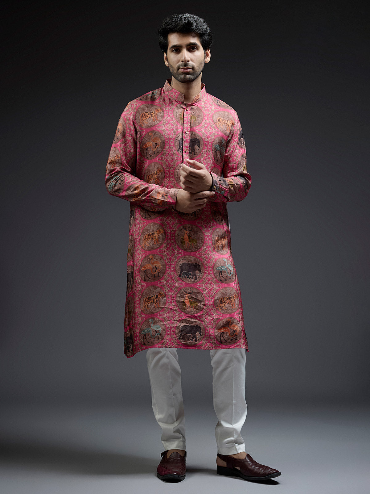 Stylish pink ajarakh printed silk kurta suit