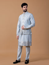 Stylish sky blue raw silk waistcoat set