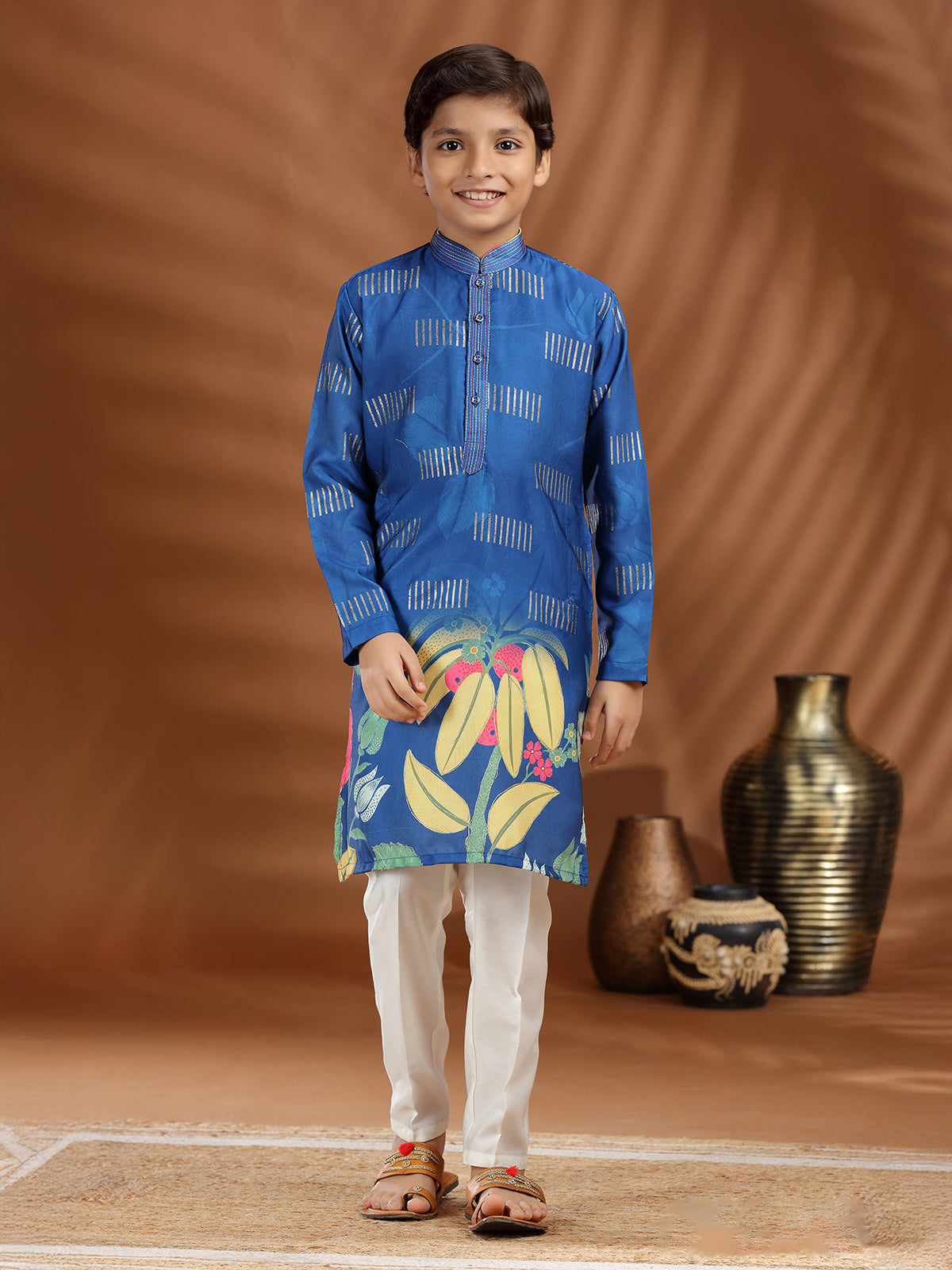 Teal blue silk kurta pajama in printed