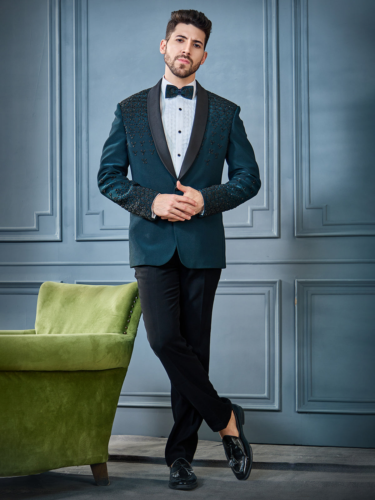 Teal green metal pearls embellished tuxedo suit