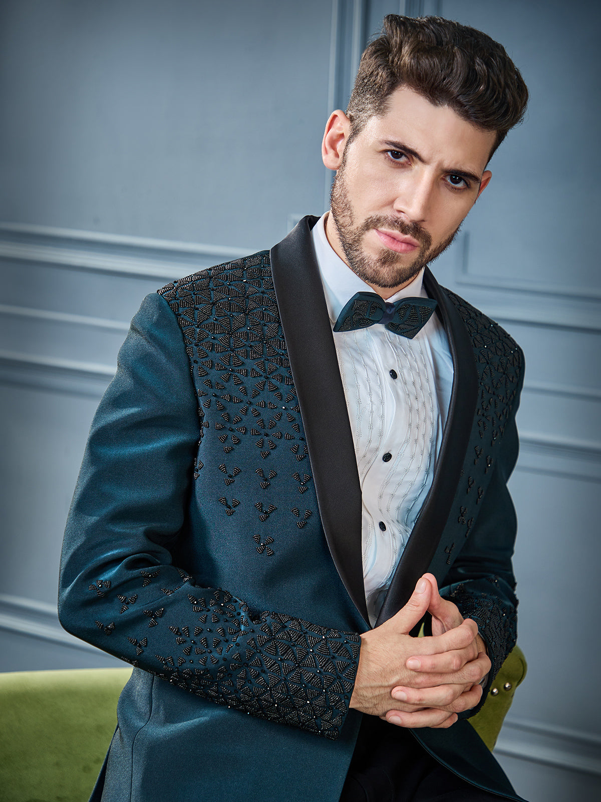 Teal green metal pearls embellished tuxedo suit