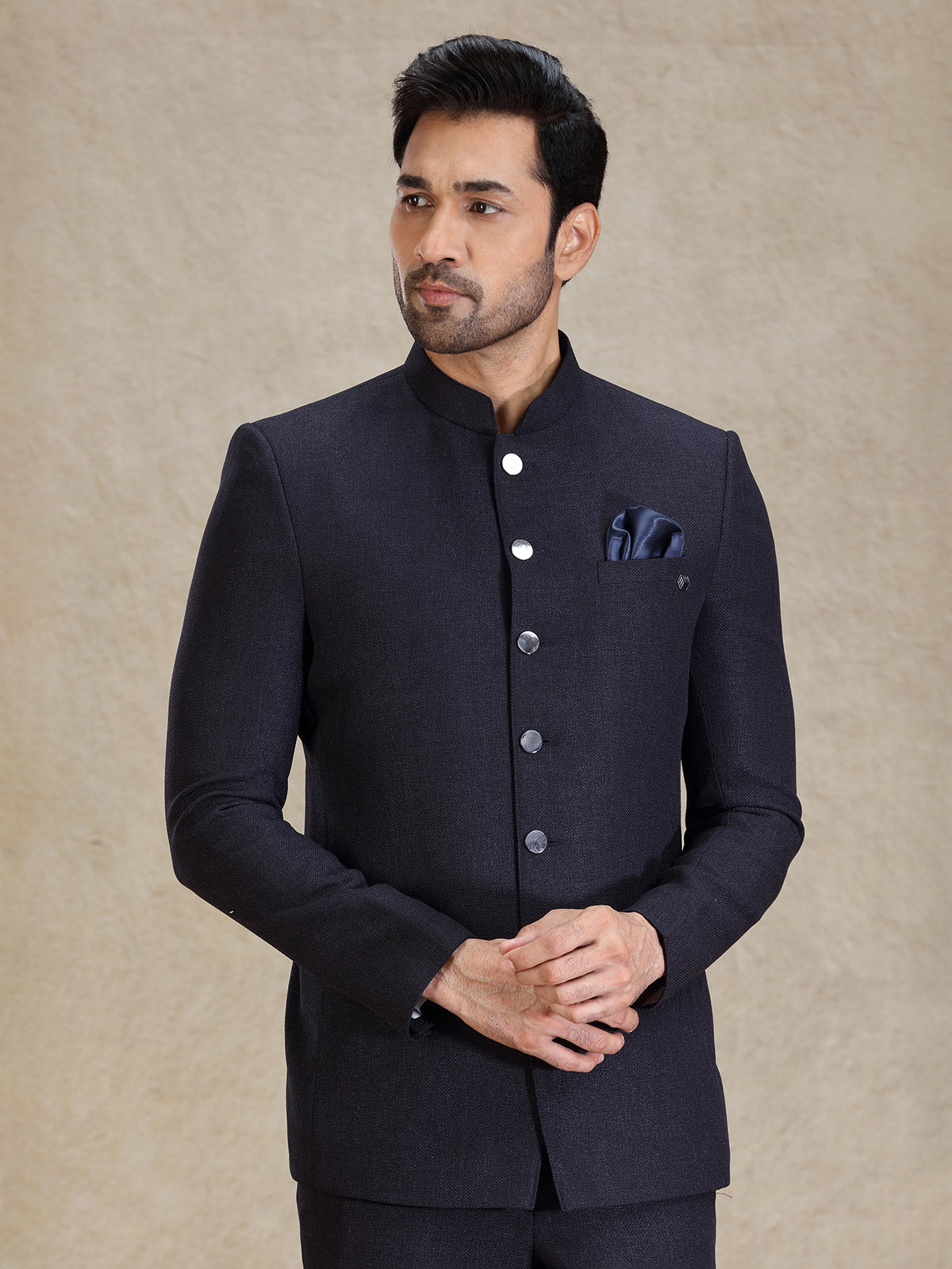 Textured navy jacquard net bandh gala suit