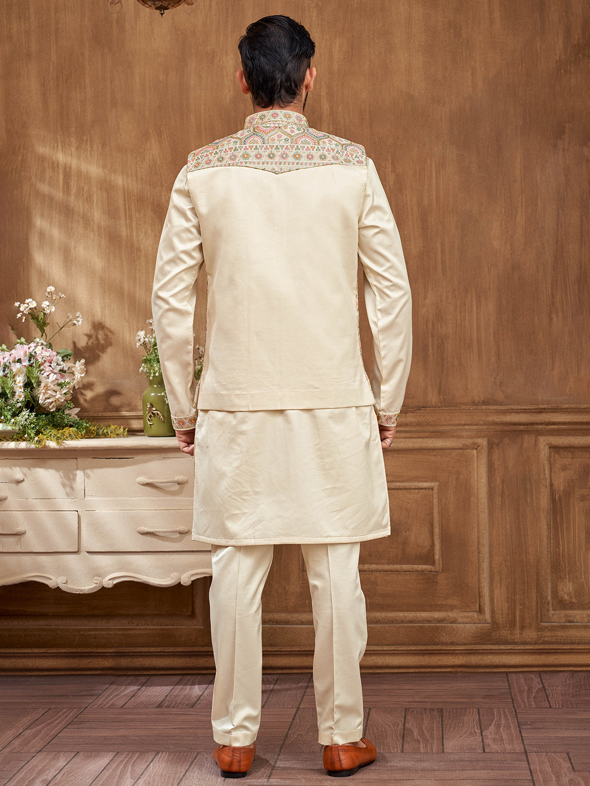 Timeless elegance cream embroidered waistcoat set for men
