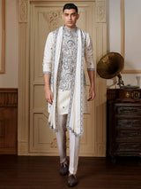 Traditional ivory kurta jacket set with matching dupatta