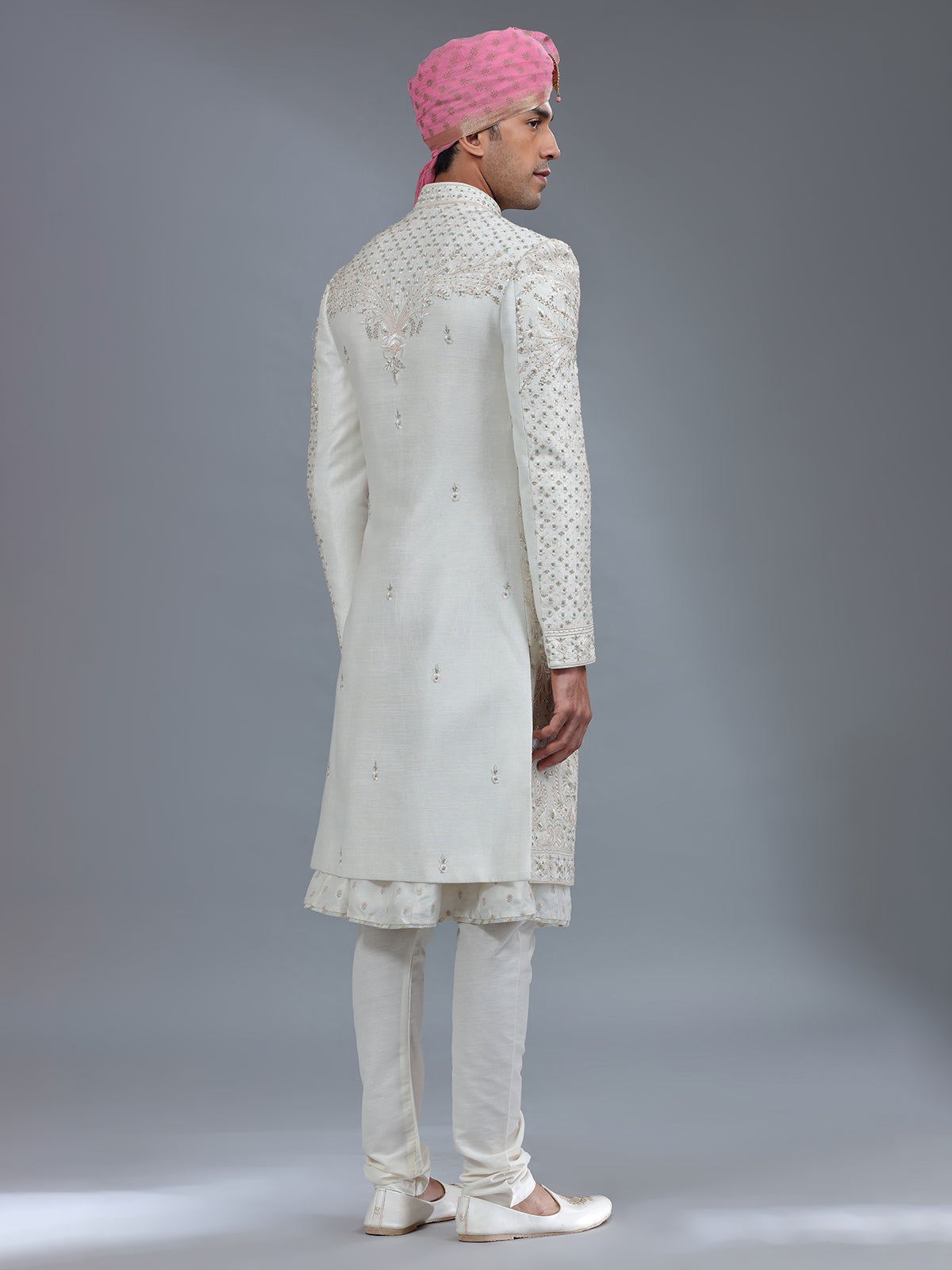 Traditional light cream peshwai style sherwani