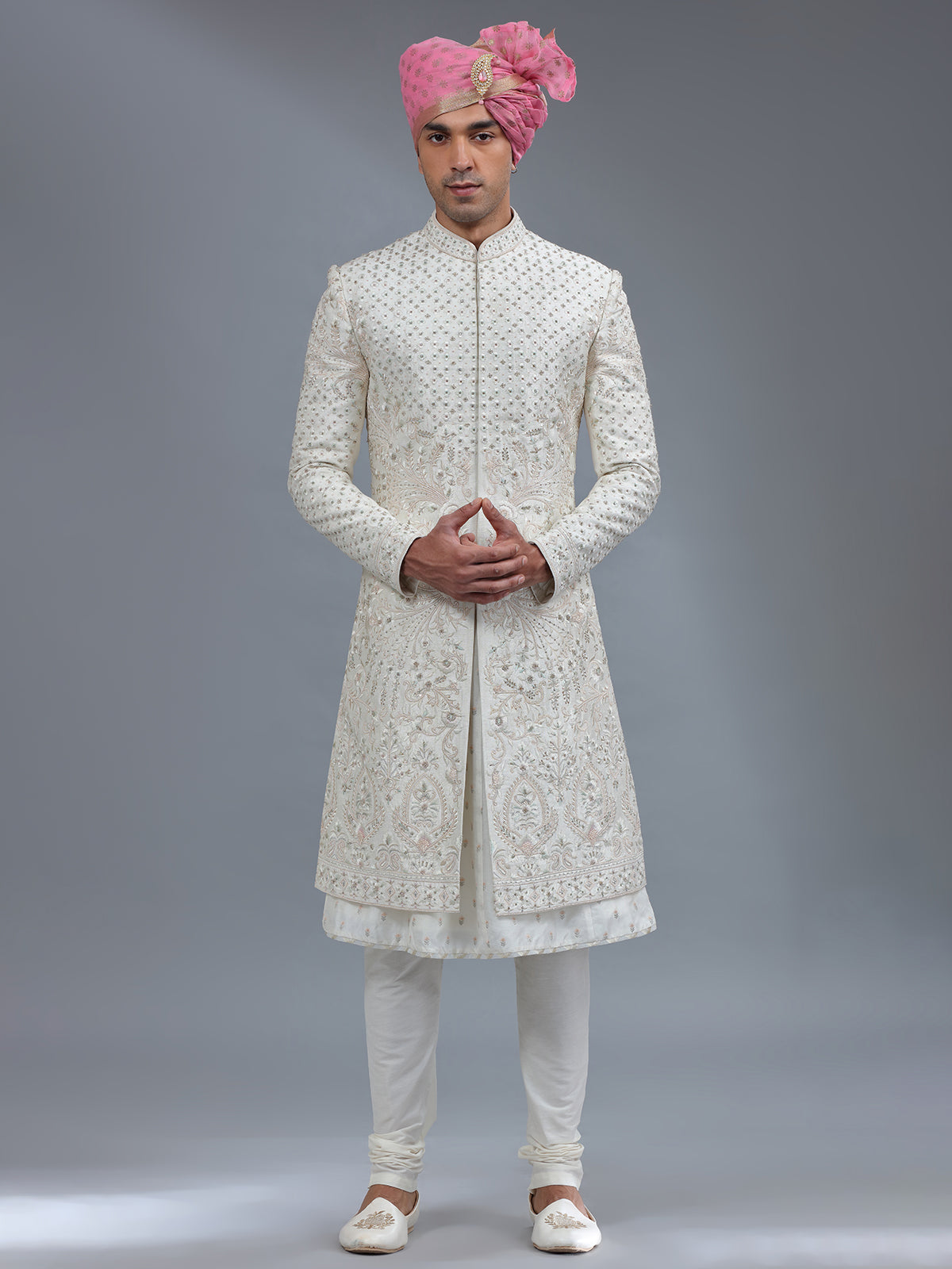 Traditional light cream peshwai style sherwani