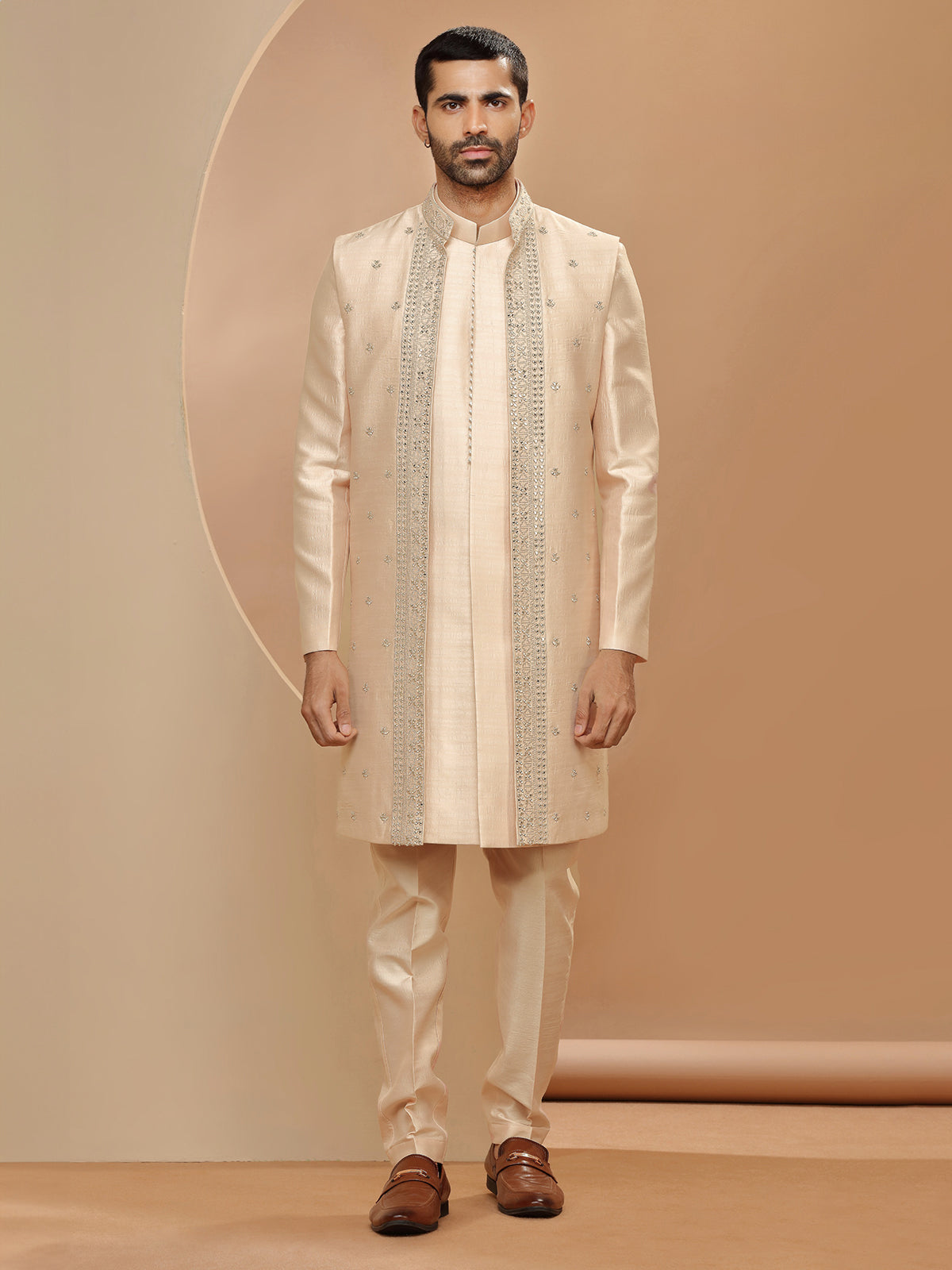 Traditional peach silk indowestern