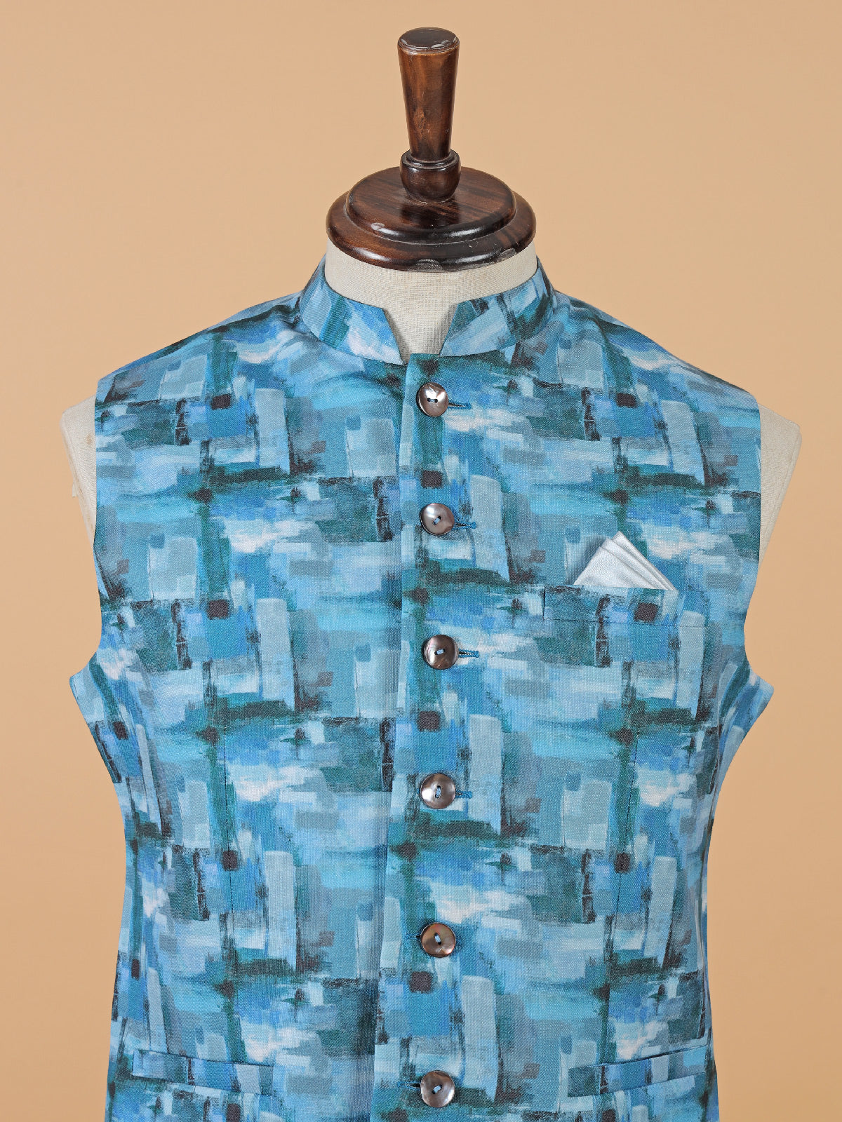 Trendy blue silk printed waistcoat