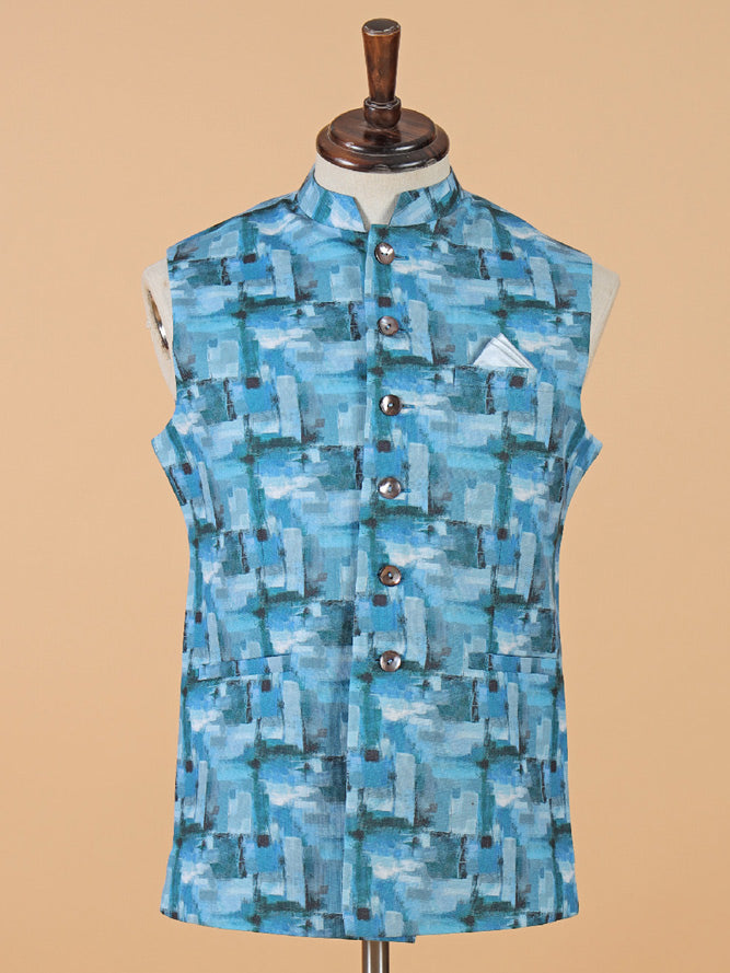 Trendy blue silk printed waistcoat