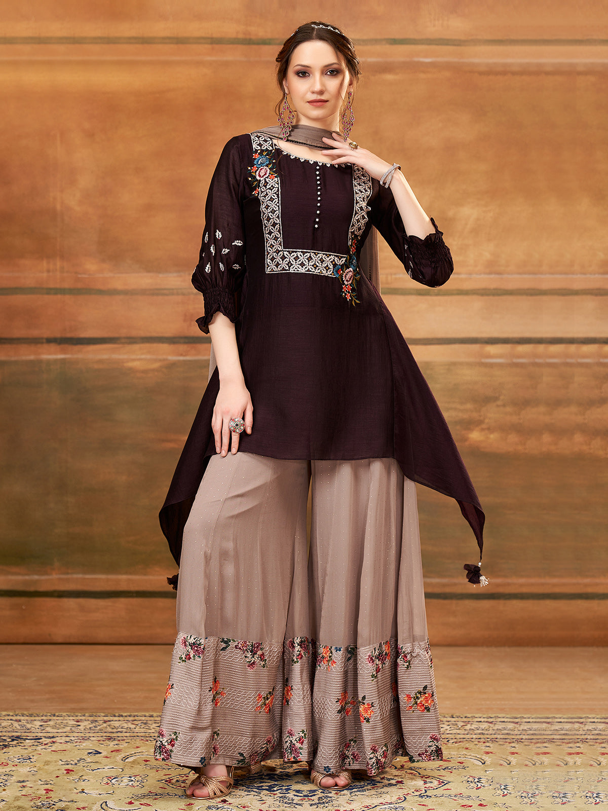 Trendy brown palazzo suit with dupatta