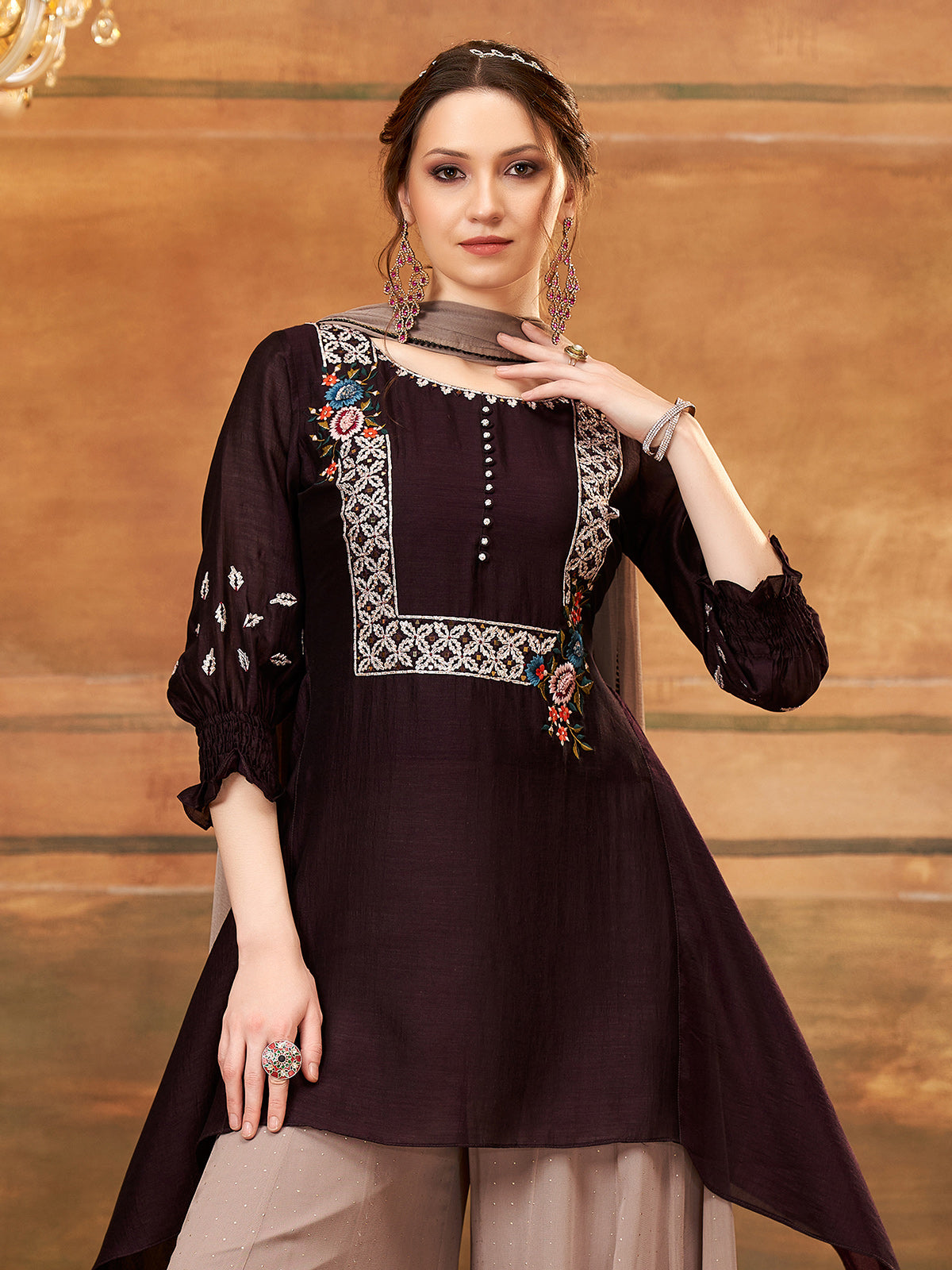 Trendy brown palazzo suit with dupatta