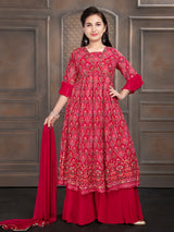 Trendy dark pink georgette printed palazzo suit