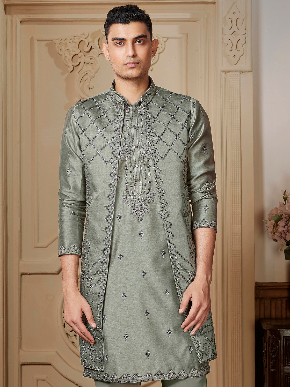 Trendy olive shade long waistcoat set with embroidery embellishment