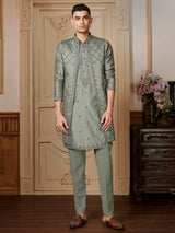 Trendy olive shade long waistcoat set with embroidery embellishment