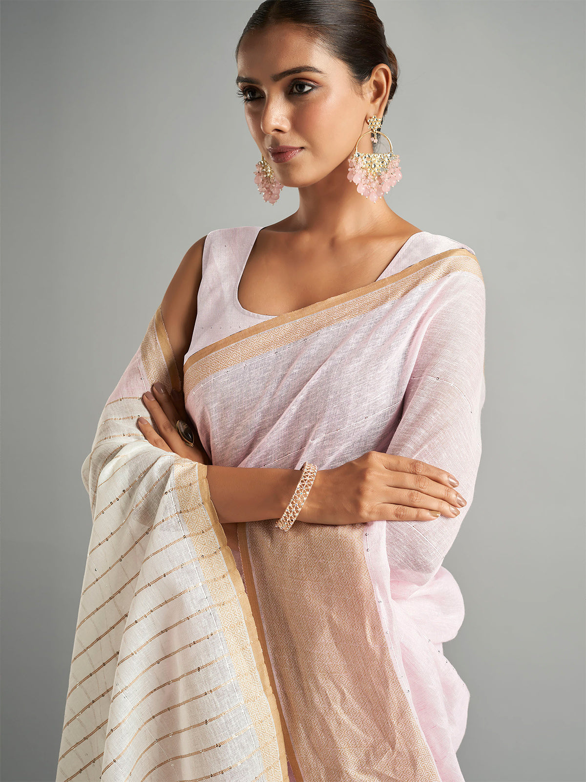 Trendy plain pink cotton linen saree