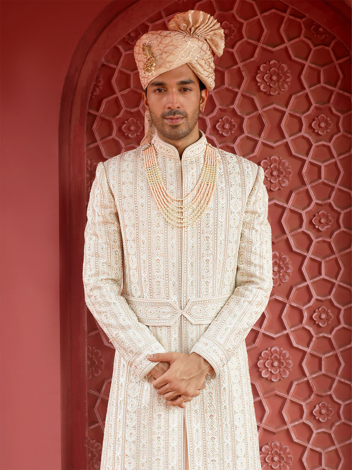 Trendy raw silk peach sherwani