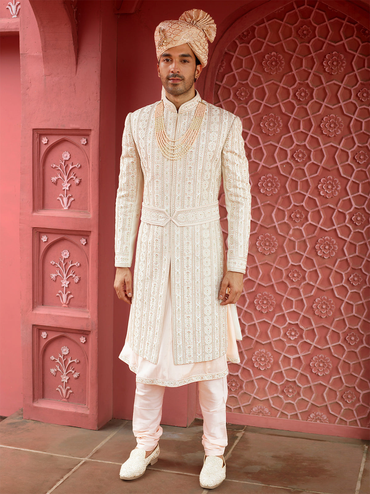Trendy raw silk peach sherwani