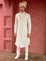 Trendy raw silk peach sherwani