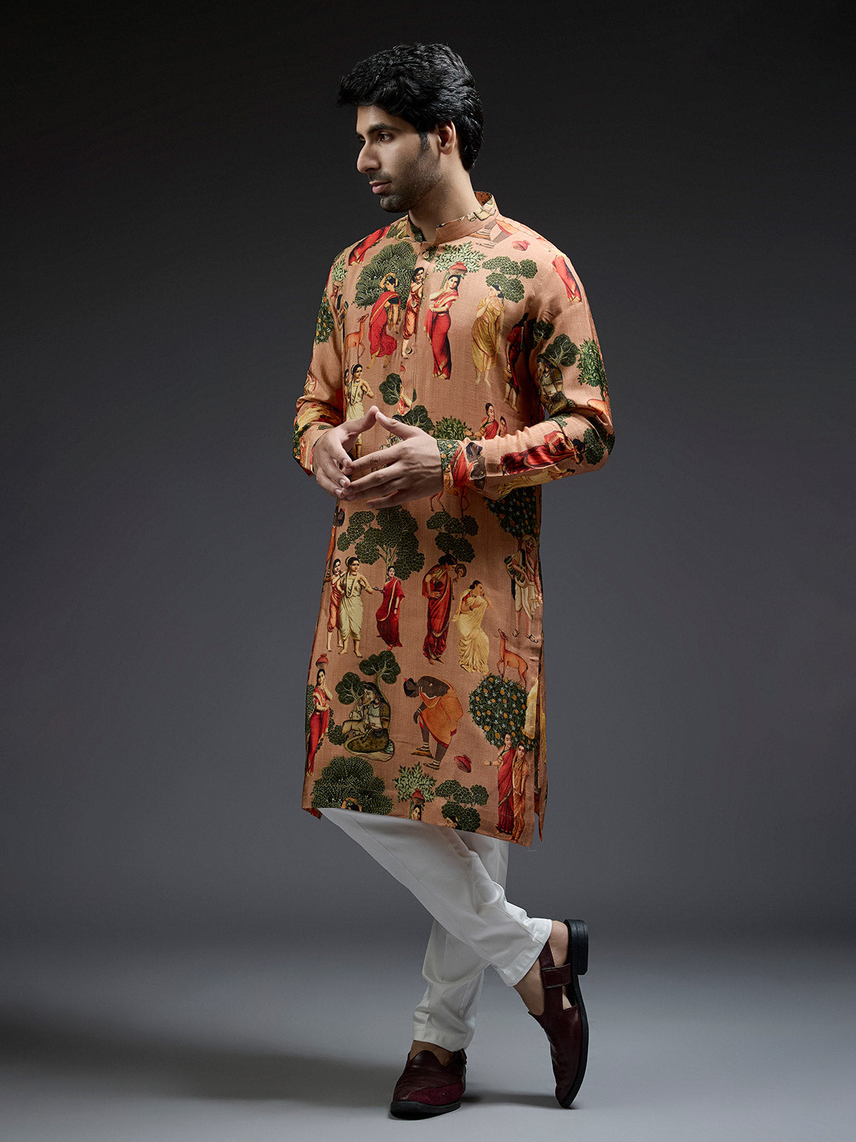 Trendy silk peach village theme printed kurta suit