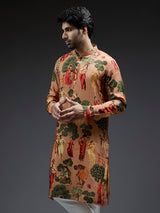 Trendy silk peach village theme printed kurta suit