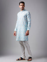 Trendy sky blue printed linen kurta suit