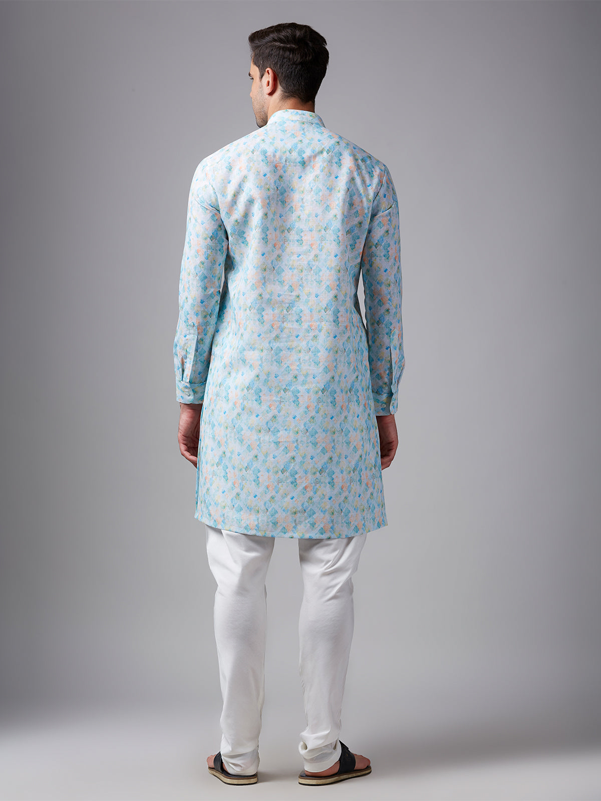 Trendy sky blue printed linen kurta suit