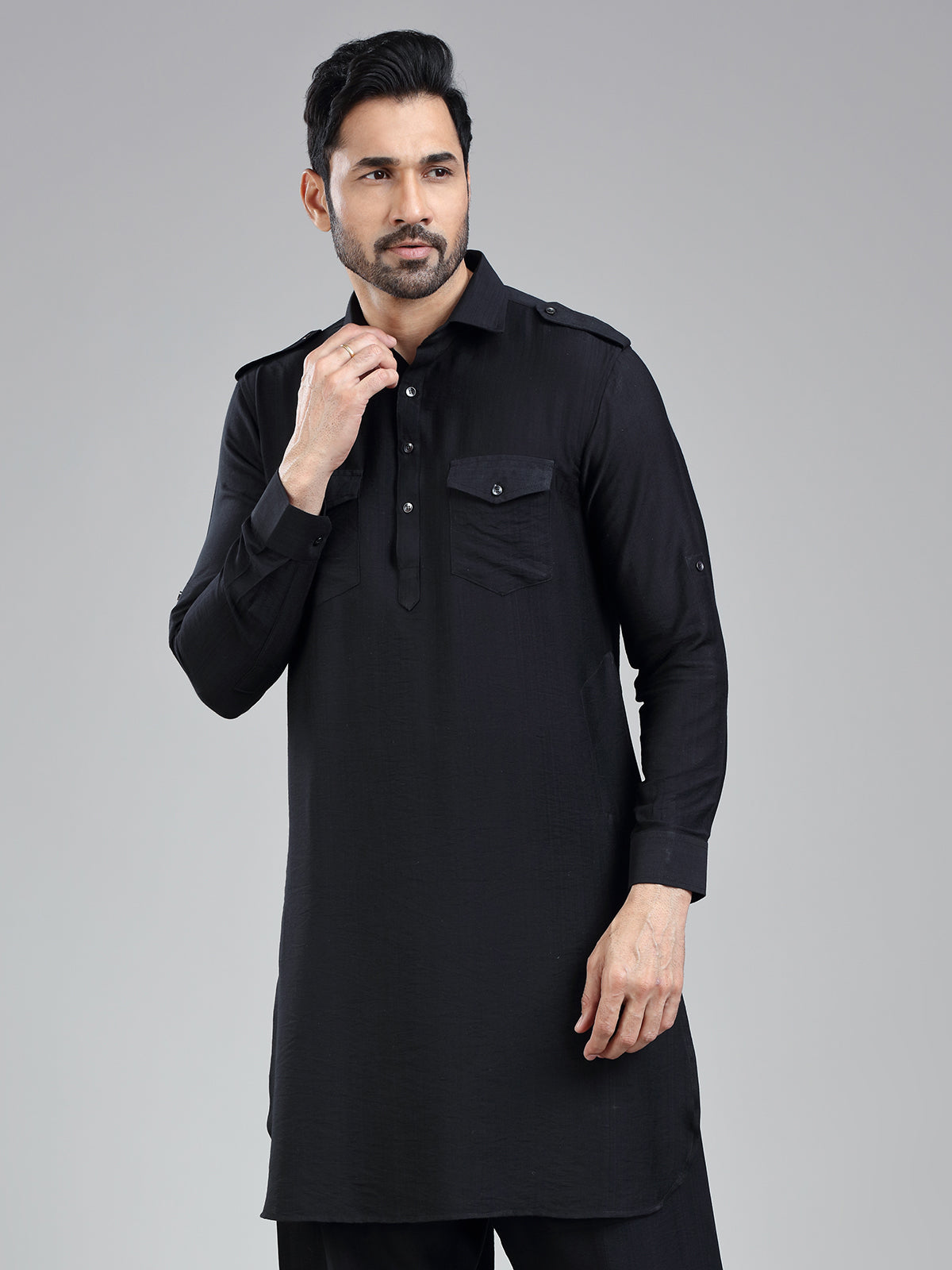Understated classic black mens pathani kurta