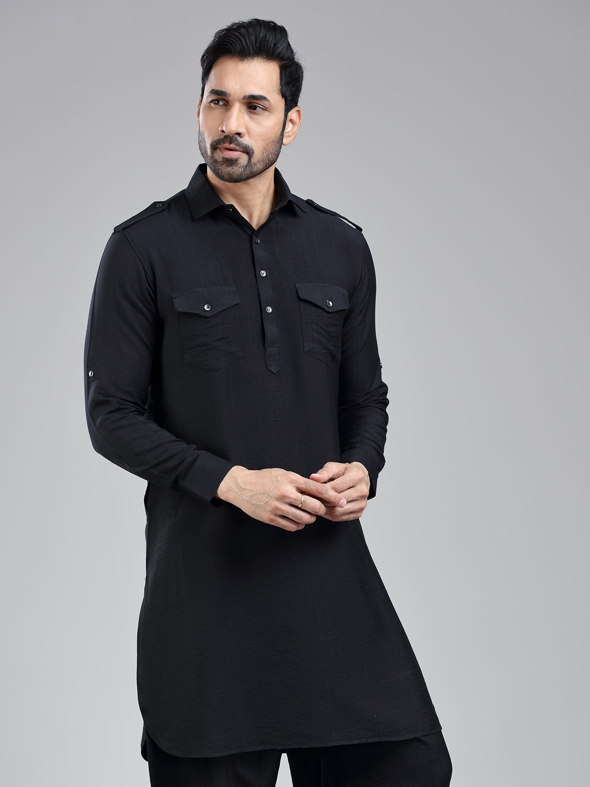 Understated classic black mens pathani kurta