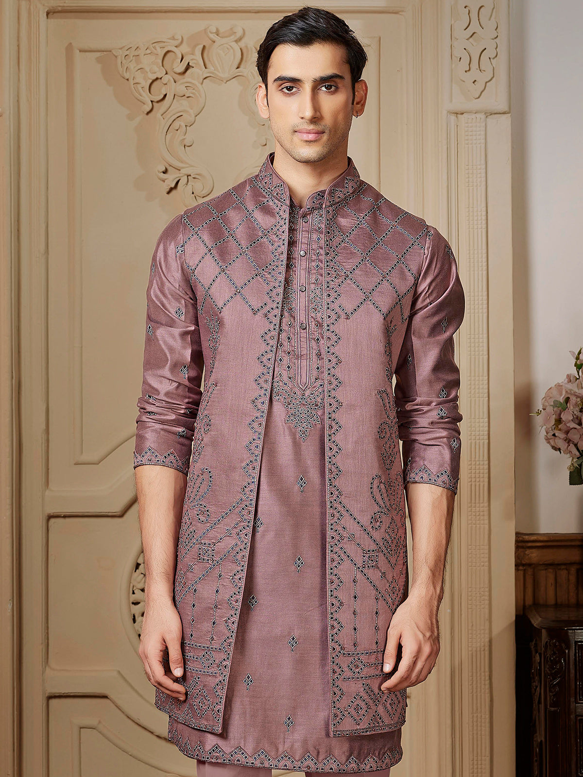 Unique rusted pink raw silk long waistcoat set for men