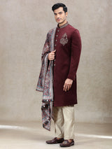 Vintage maroon velvet sherwani in embroidery patch work