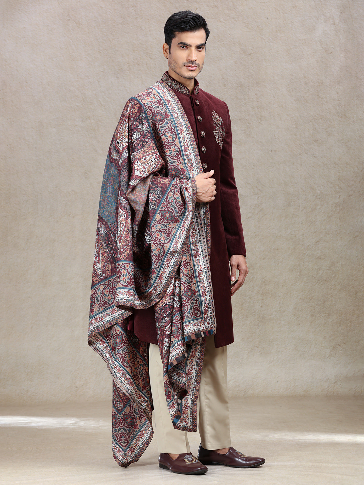 Vintage maroon velvet sherwani in embroidery patch work