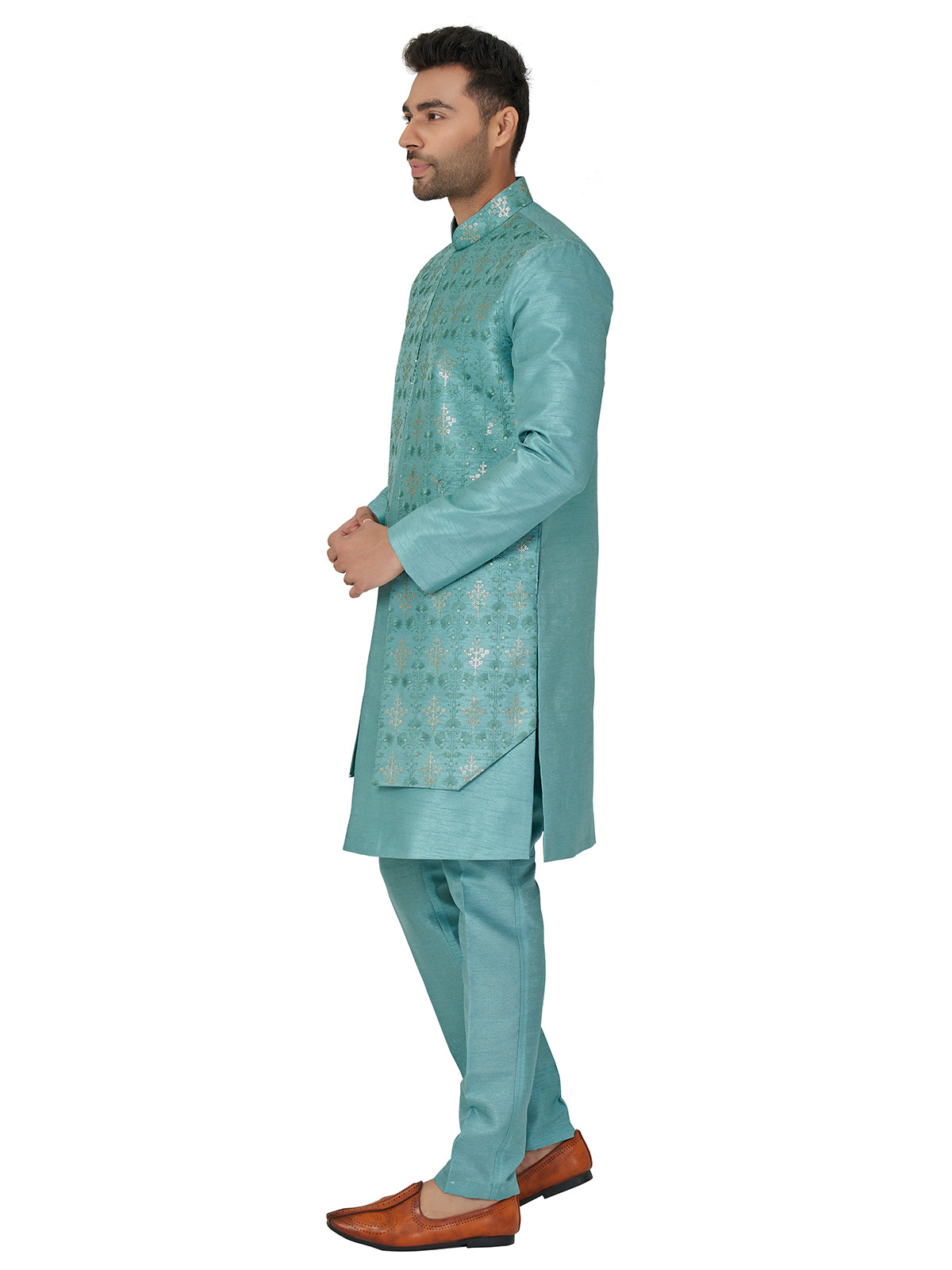 Wedding sea green silk indowestern